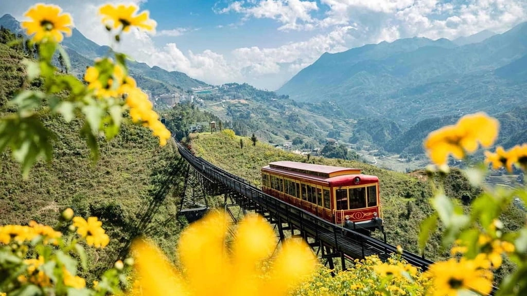 Du khách có thể ngắm toàn cảnh thung lũng Mường Hoa từ tàu hỏa leo núi Sa Pa. (Nguồn: Sưu tầm)