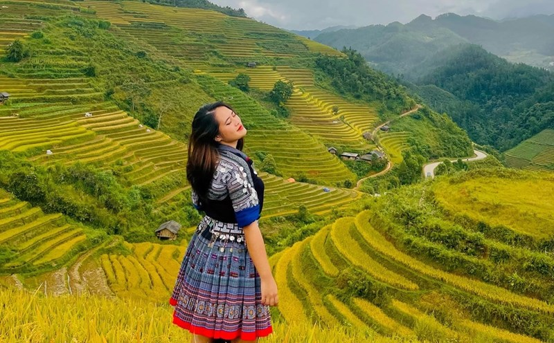 Du khách chụp ảnh giữa mùa lúa chín
