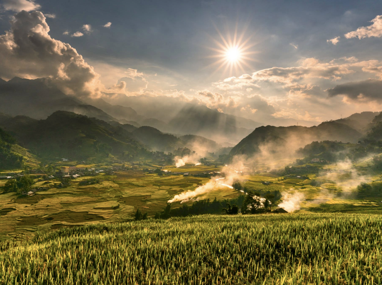 Các thửa ruộng bậc thang khoác lên sắc vàng óng của mùa lúa chín