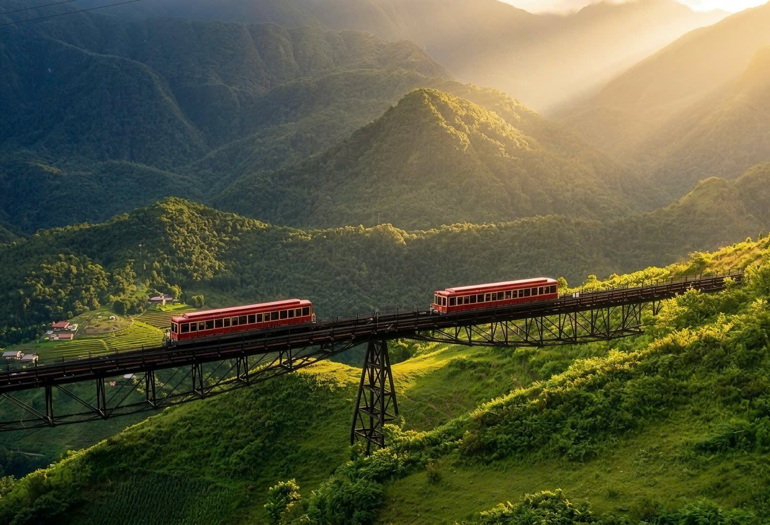 Tàu hỏa leo núi Mường Hoa đưa du khách băng qua thung lũng trên hành trình chinh phục Fansipan. 