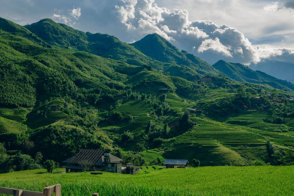 Tả Van mang vẻ bình yên với những nếp nhà và ruộng bậc thang trải giữa thung lũng.