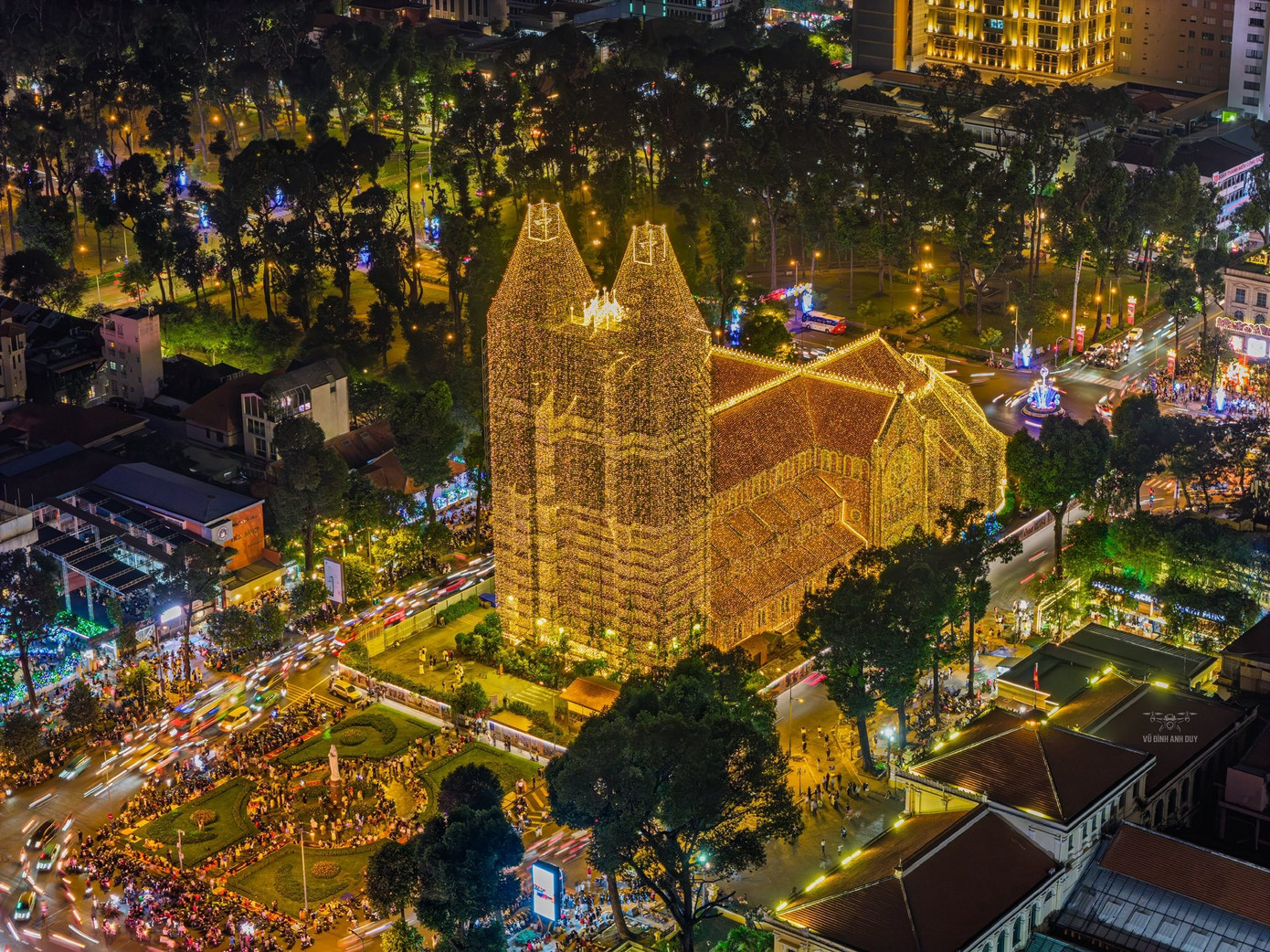 The iconic Notre Dame Cathedral Basilica of Saigon is decorated with lights and Christmas displays