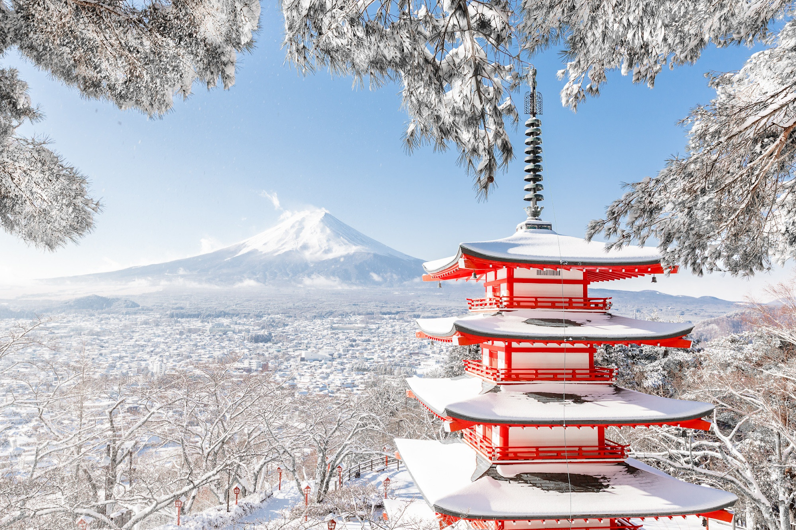 Mount Fuji covered in snow creates a breathtaking backdrop