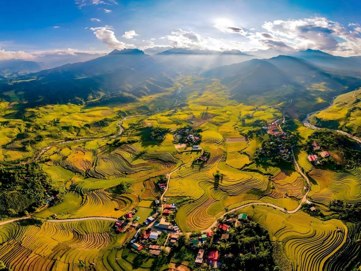 Du khách ngắm nhìn và chụp toàn cảnh thung lũng mùa lúa chín vàng rộ.